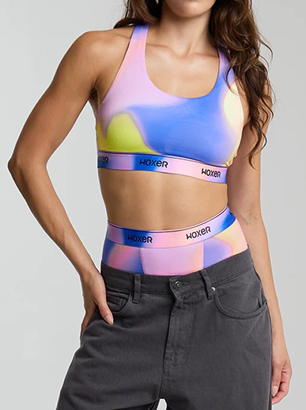 Model in a painted-print Woxer bralette and boxer brief